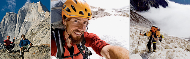 The climbing partners, Dash and Copp, relax after their first 2008 ascent of Shaffat Fortress, India (left). Copp's self-portrait on Mt. Edgar (center). Slogging up the Fountain of Aging (right).