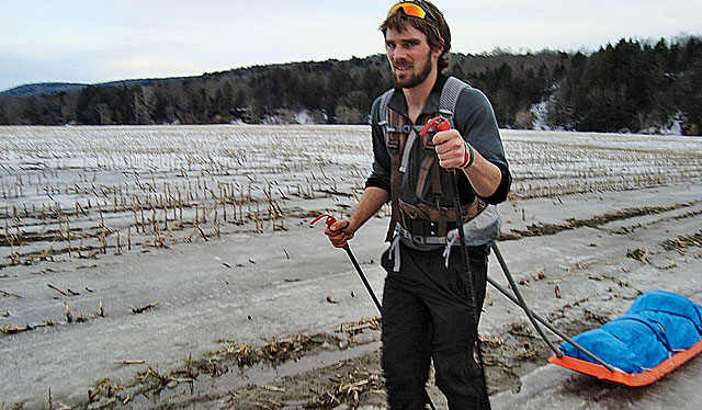 Ross skis sloppy cornfields.