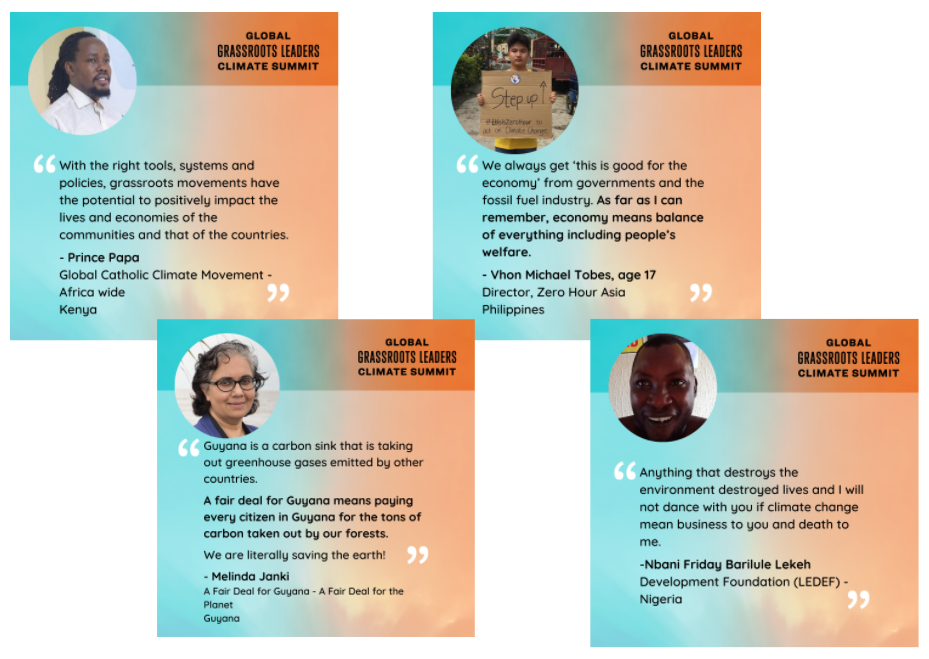 A collage of quotes from global grassroots leaders. 