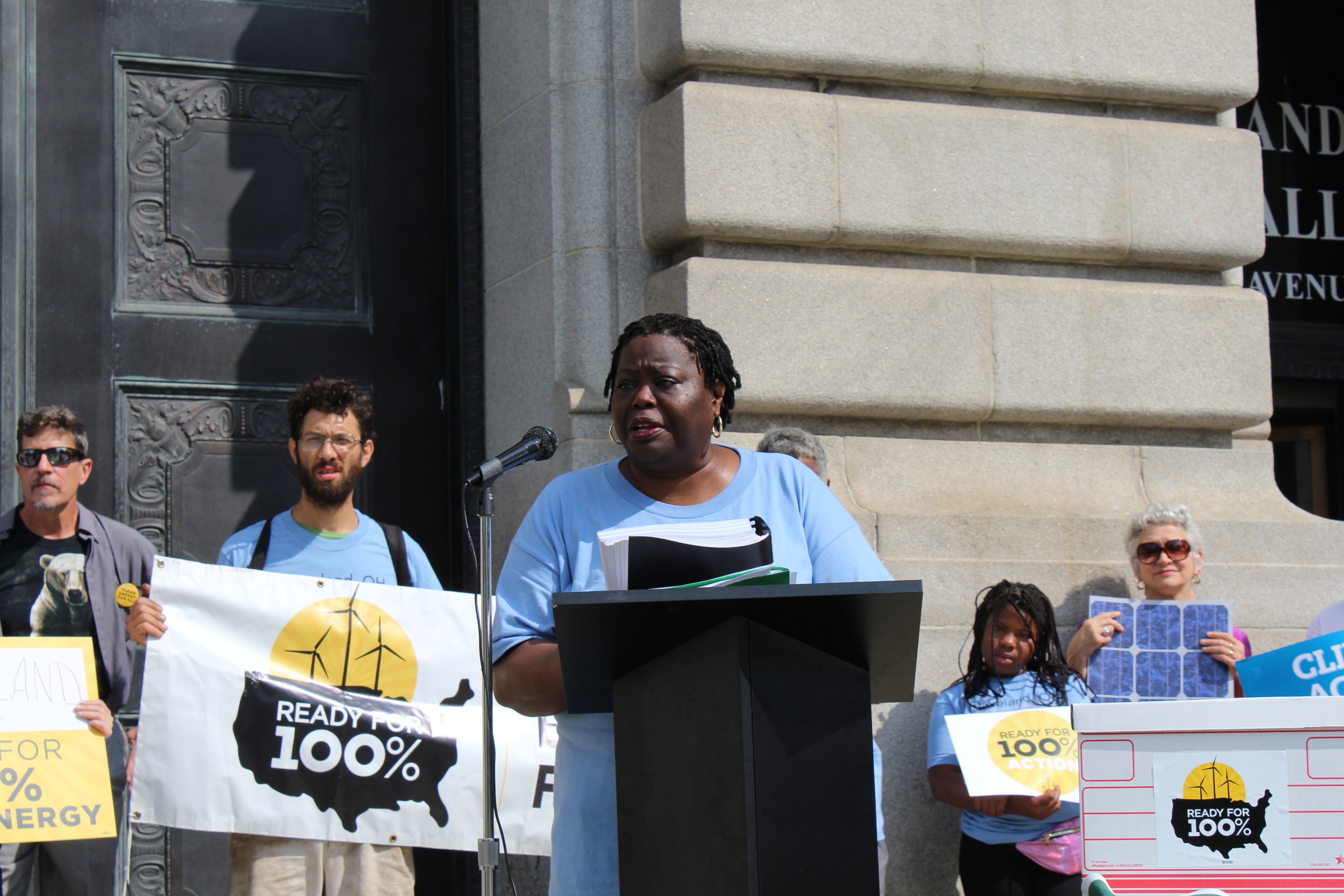 Jocelyn Travis at a press conference in Cleveland, OH