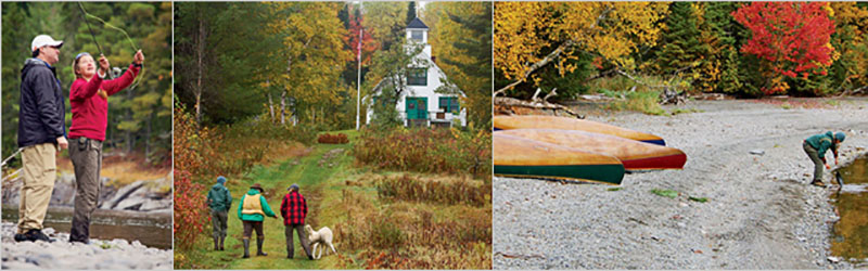 From left: LeRoy teaches the author fly-casting; The crew head to the church in the center of Chesuncook Village, until recently accessible only by boat or float plane; Szwed fetches water at Sandy Point.