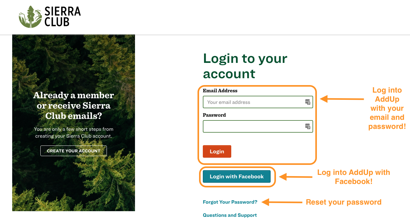 An orange outline and arrow highlights two text fields. Orange text next to the arrow reads "Login to AddUp with your Email and Password!". A second outline and arrow point to a blue button. Text next to the arrow reads "Login to AddUp with Facebook!"