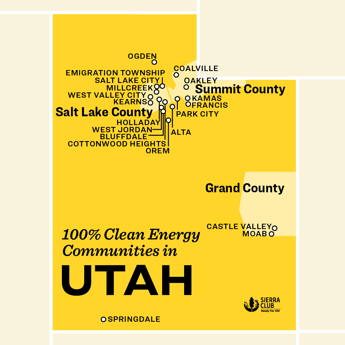 Map of 100% clean energy commitments in Utah