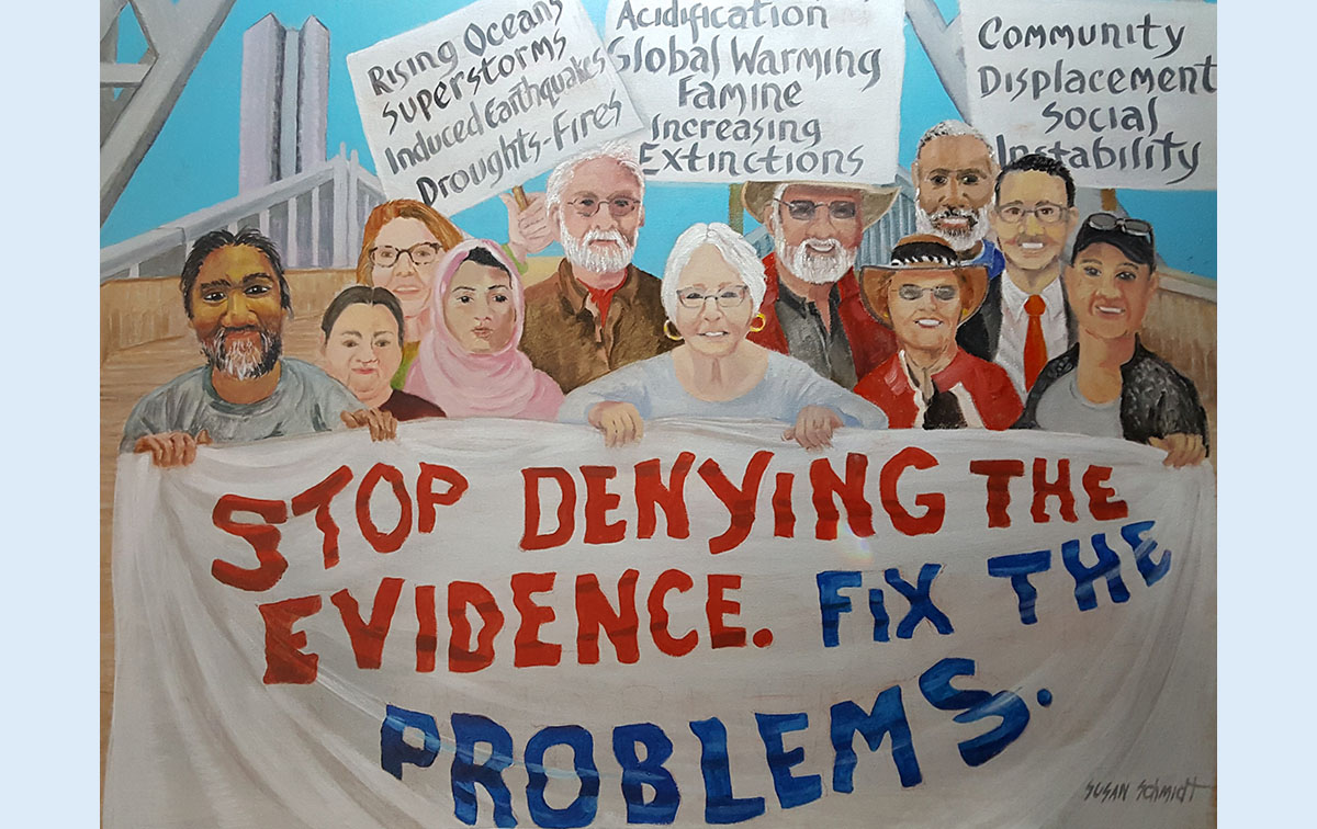 A diverse coalition of activists stand behind a banner that reads, "Stop denying the evidence. Fix the problems."