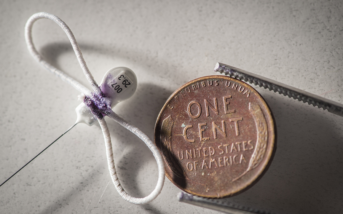 Very small radio tag with a butterfly shaped piece of elastic next to a penny for scale.