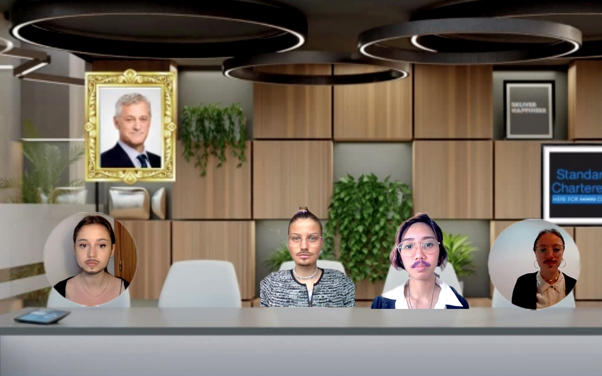 Four women wearing fake mustaches are superimposed on office chairs with a boardroom background.