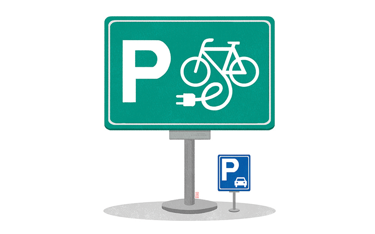 L'illustration montre deux panneaux : l'un est plus grand, avec un P et un vélo avec un chargeur, et l'autre est un P avec une voiture.