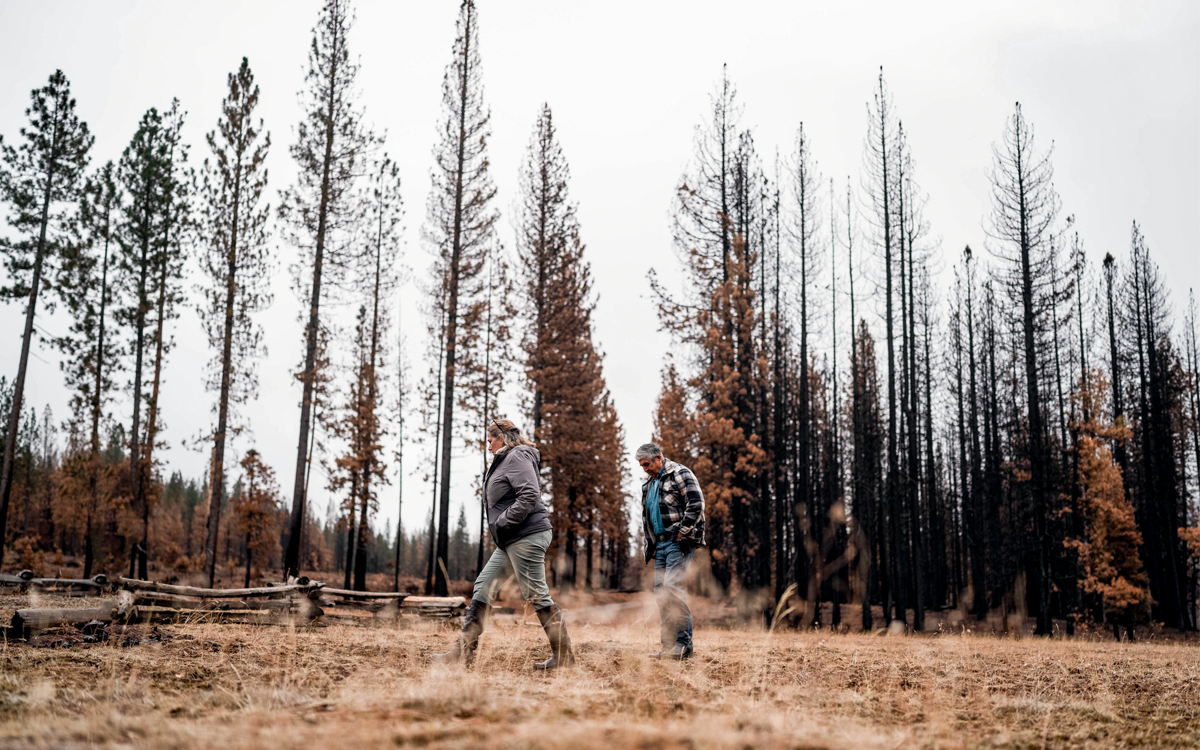 Trina Cunningham and Ben Cunningham walk across a field of dry grass with trees in the background.