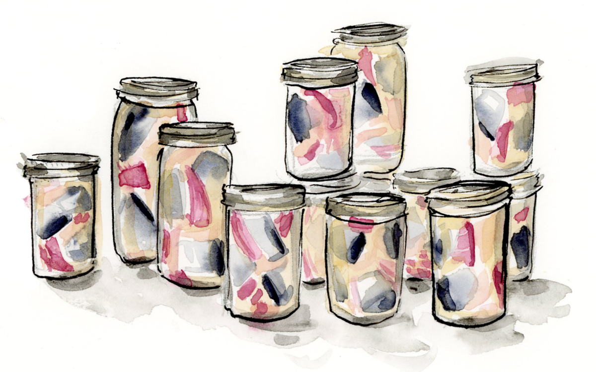 Watercolor of glass jars filled with pickled herring. 