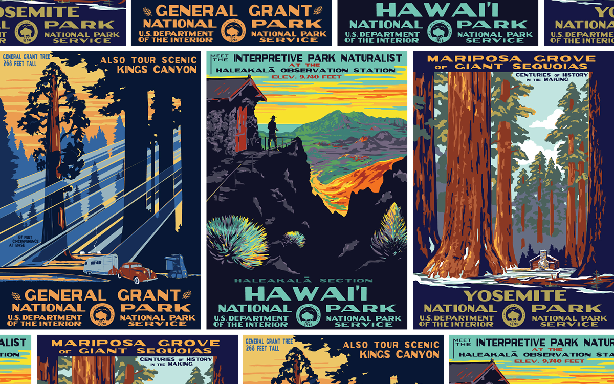 A montage of national park posters.