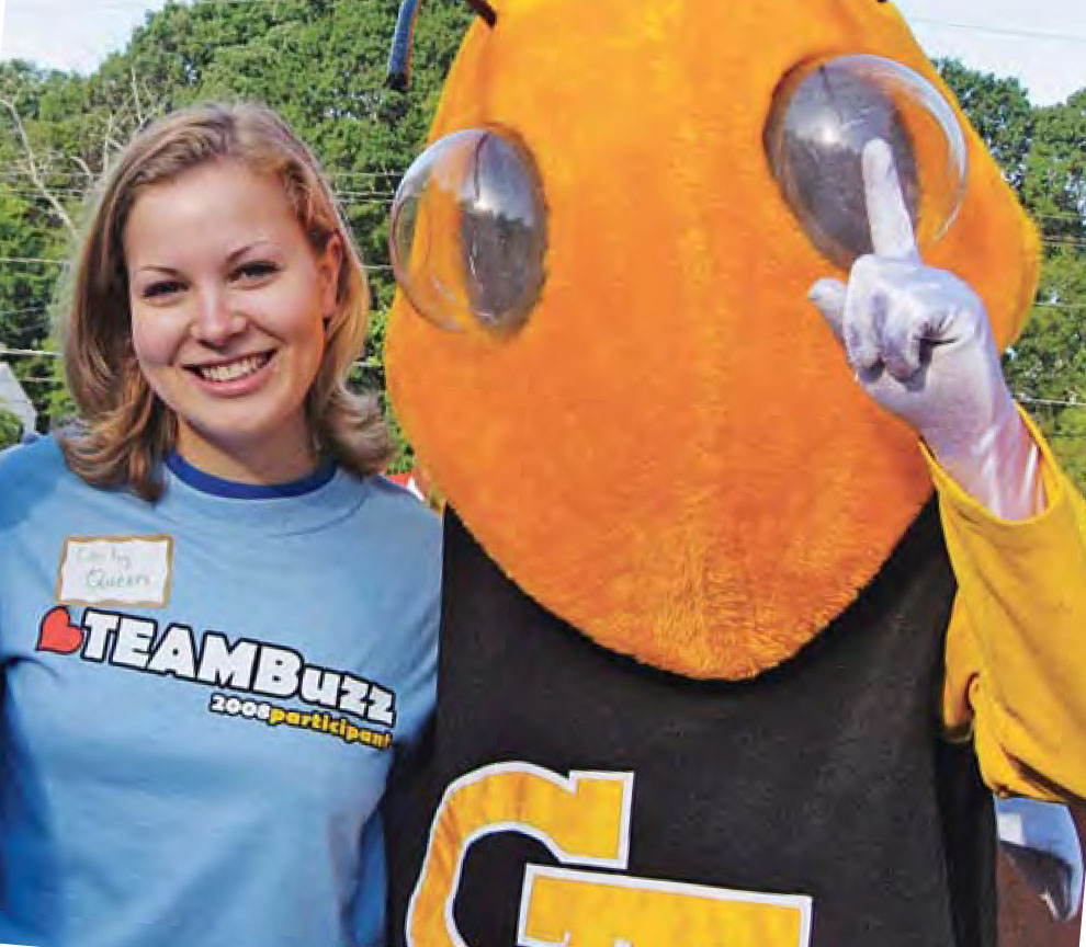 Carly Queen and her bug-eyed friend are abuzz about Georgia Tech's eco-conscious curriculum.