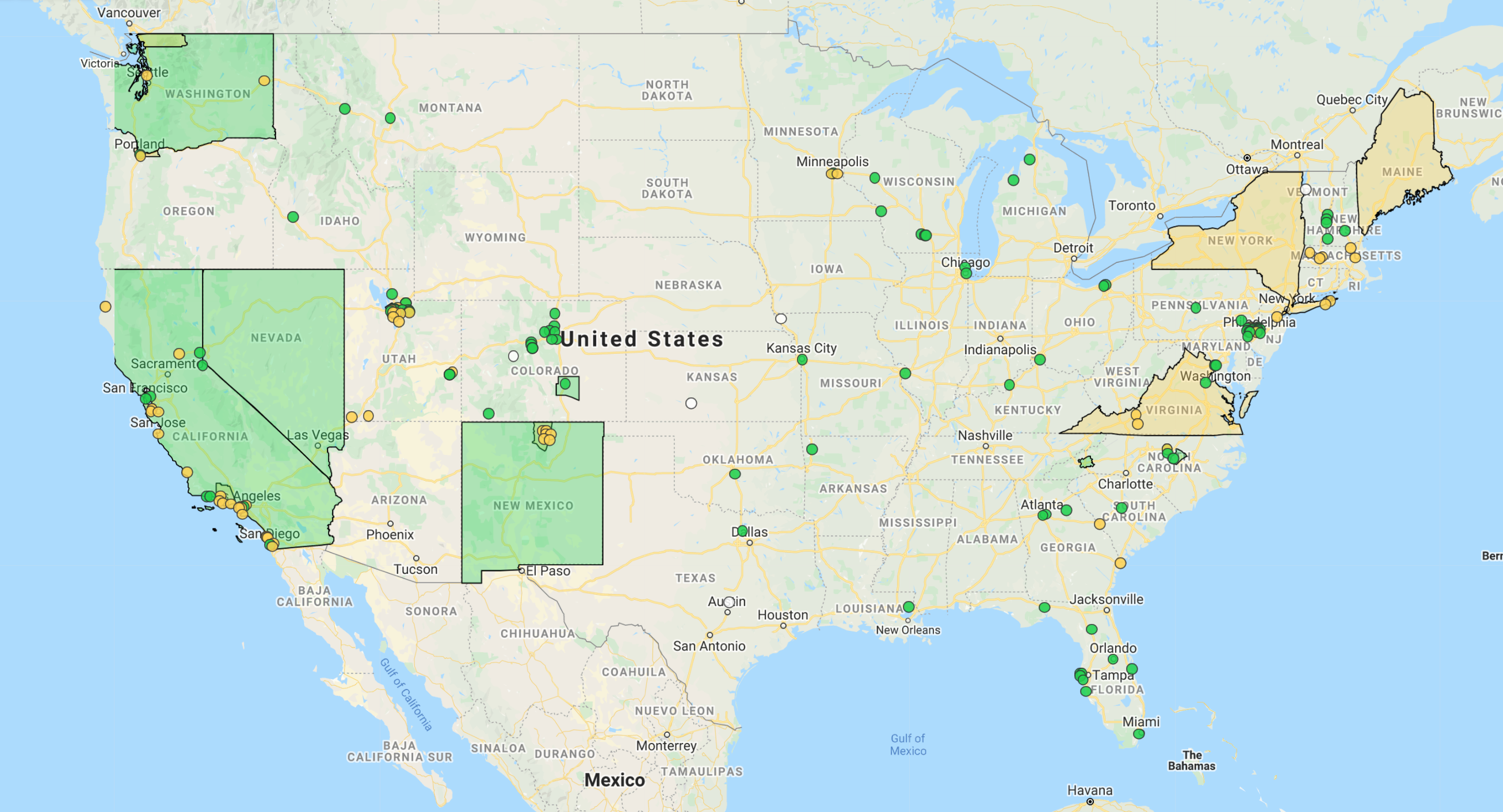 Map of 100% clean energy commitments in the US