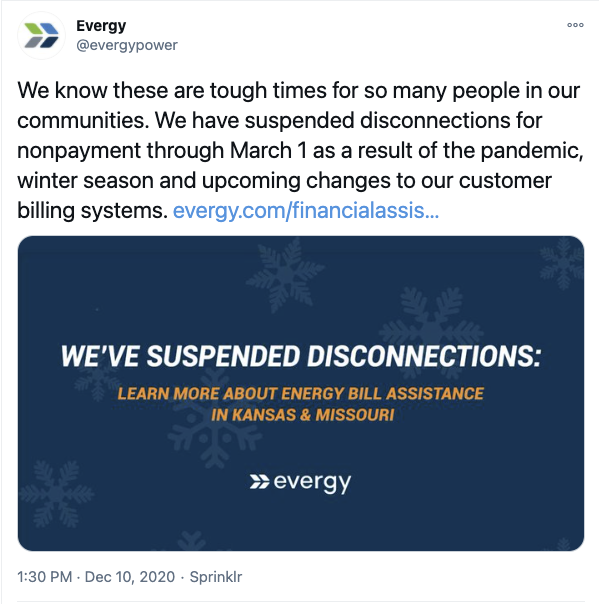 Evergy Tweet reading "We know these are tough times for so many people in our communities. We have suspended disconnections for nonpayment through March 1 as a result of the pandemic, winter season and upcoming changes to our customer billing systems."
