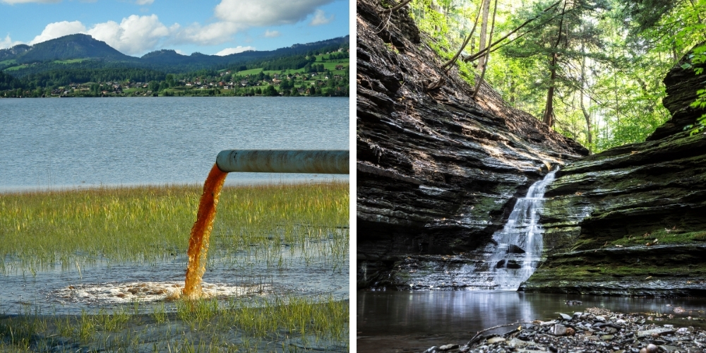 A side-by-side photo comparing polluted water discharged into fresh water and a clean flowing stream free of pollution.