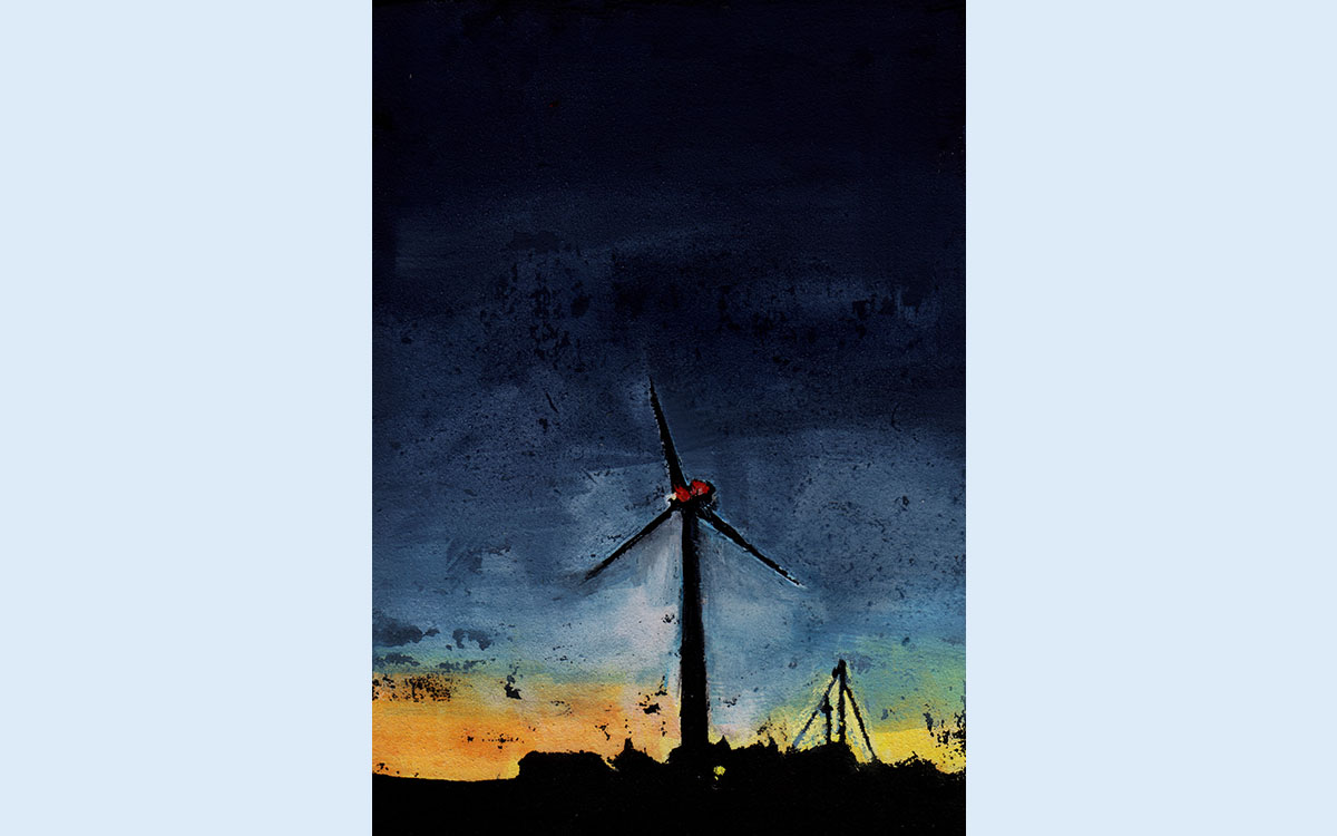 Wind turbines at night. 
