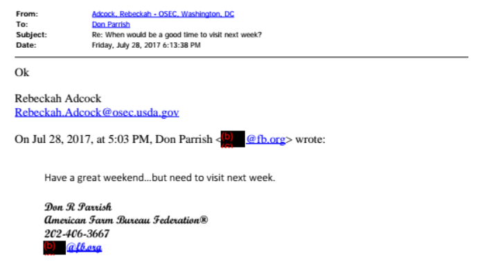 "Have a great weekend...but need to visit next week." - Don Parrish. "Ok" - Rebeckah Adcock.