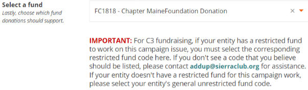 A dropdown displaying Sierra Club funding types is next to a label that reads "Select a fund".