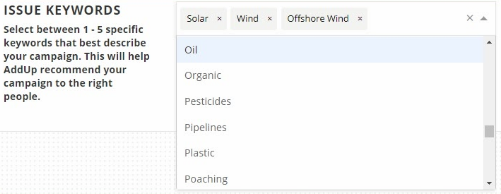 A dropdown of issues appears next to a label called "Issue Keywords".