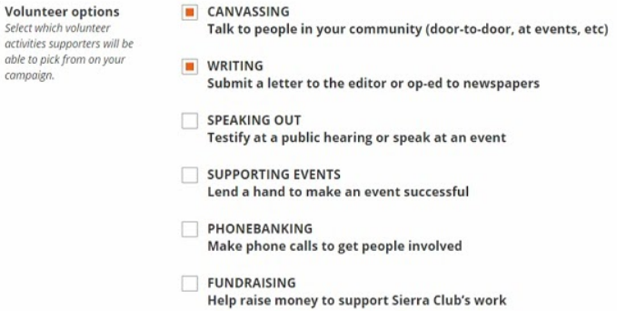 All the options to volunteer display next to a label that reads "Volunteer options". Two options have filled in orange squares, displaying that they are selected.