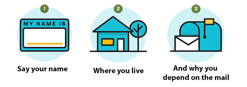 Say your name, where you live, and why you depend on the mail.