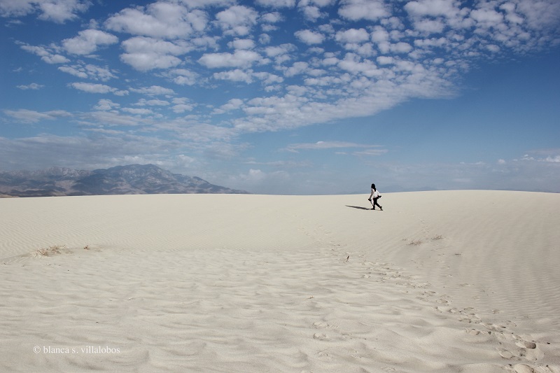 A self portrait of Blanca taken on a sand dune in the Coachella Valley. There are scattered clouds in the blue sky and a slight view of a mountain on the horizon. Blanca, a brown femme, is walking close along the edge of a dune, towards the mountain range