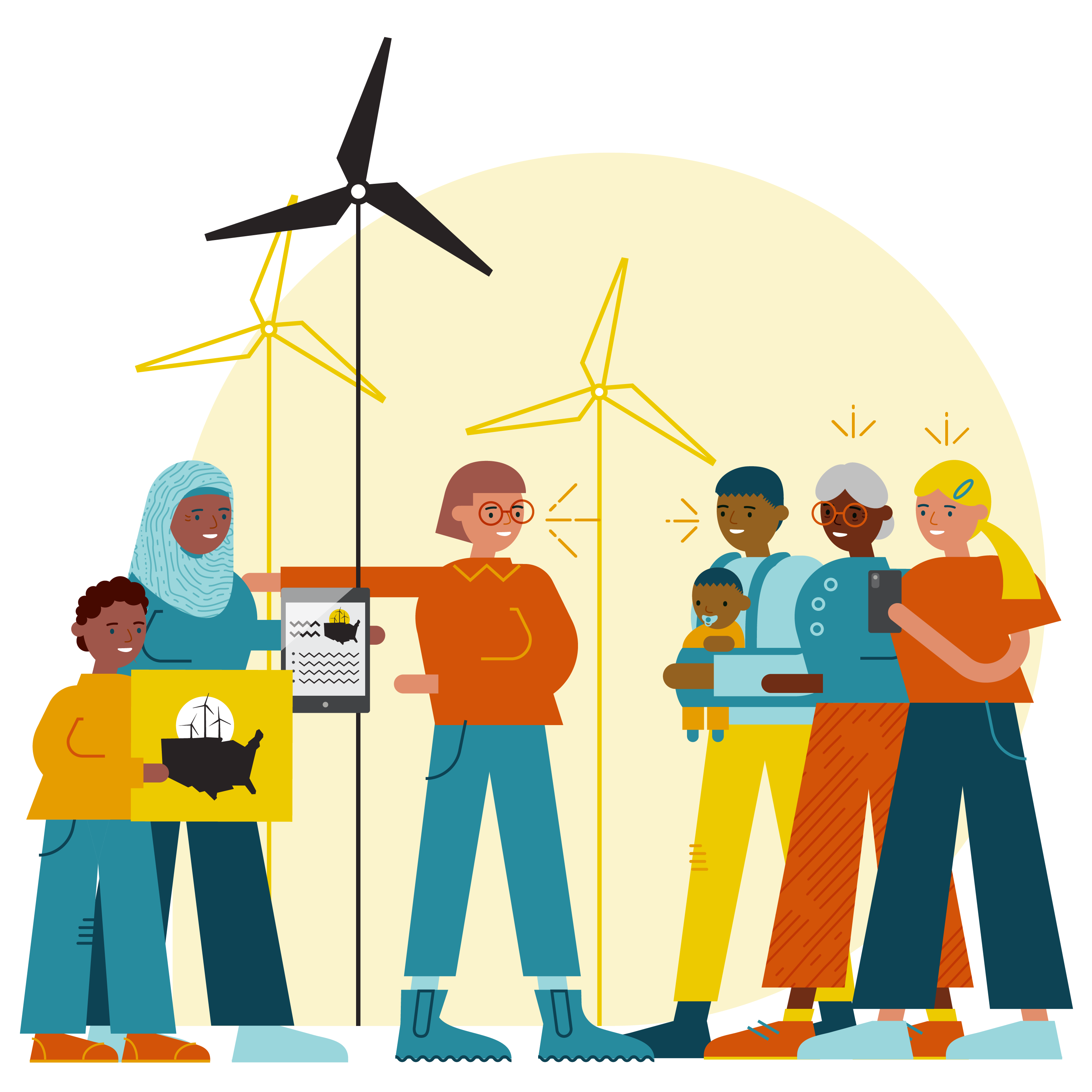 Illustrated figures holding Ready For 100 signs and working to organize around 100% clean energy