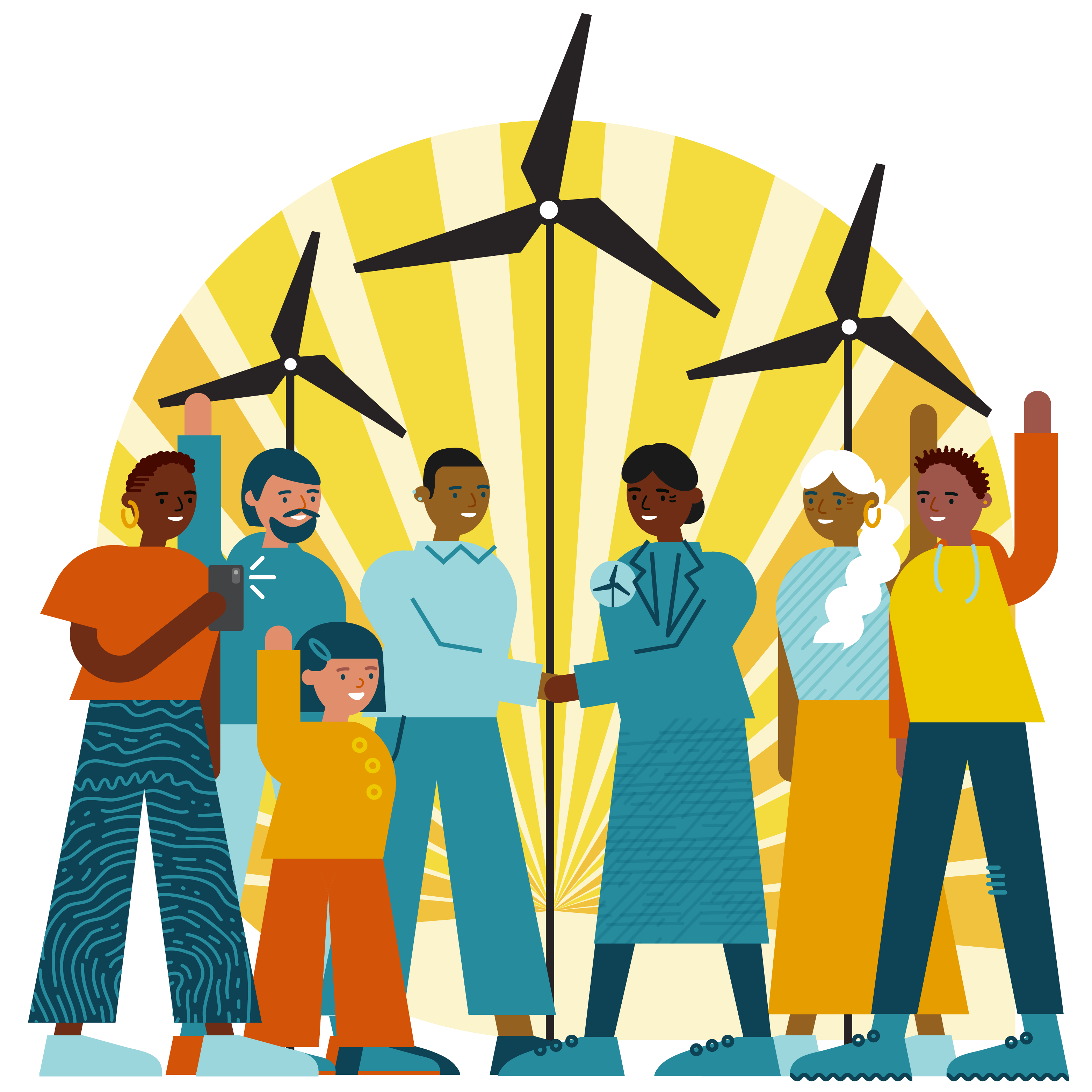 Illustrated figures cheering about clean energy in front of wind turbines