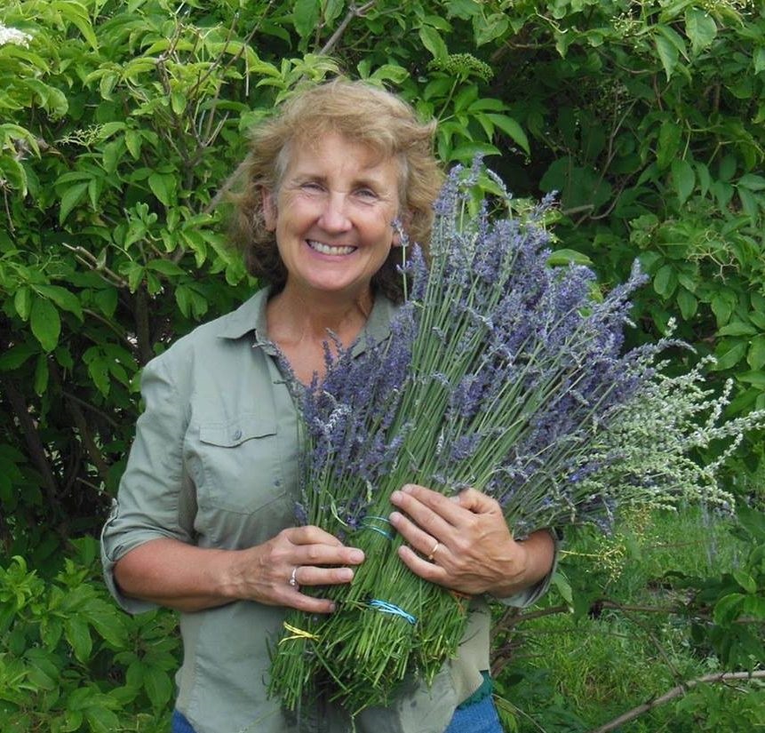 Cindy Jones, Owner, Colorado Aromatics, holds a lush bunch of lavender and smiles.