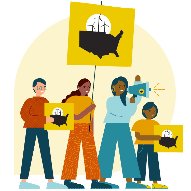 Illustrated figures holding Ready For 100 signs, one with a megaphone cheering about clean energy