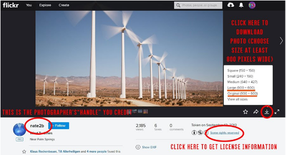 Red circles highlight the user name and license information on a windmill picture on Flickr.
