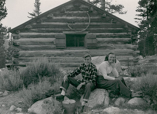 Ardis and Philip Hyde at the McCauley Cabin behind the Sierra Club Parson's Lodge, Tuolumne Meadows, Yosemite National Park, 1949