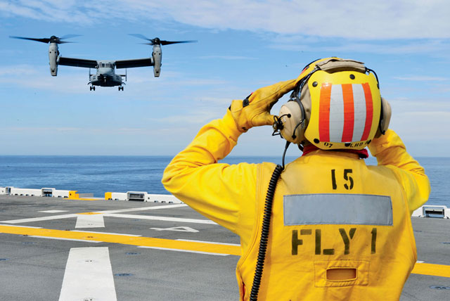 MV-22 Osprey's tilt rotors enable it to land on compact ships. | U.S. Navy/Chief Petty Officer John Lill/Released