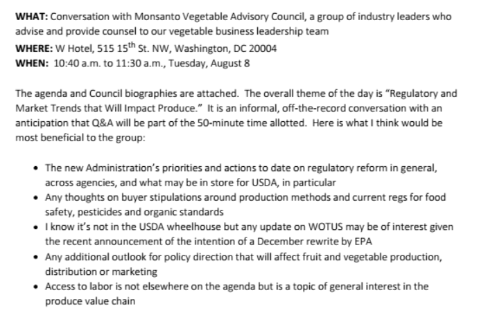 Details of the Monsanto meeting and Adcock's section