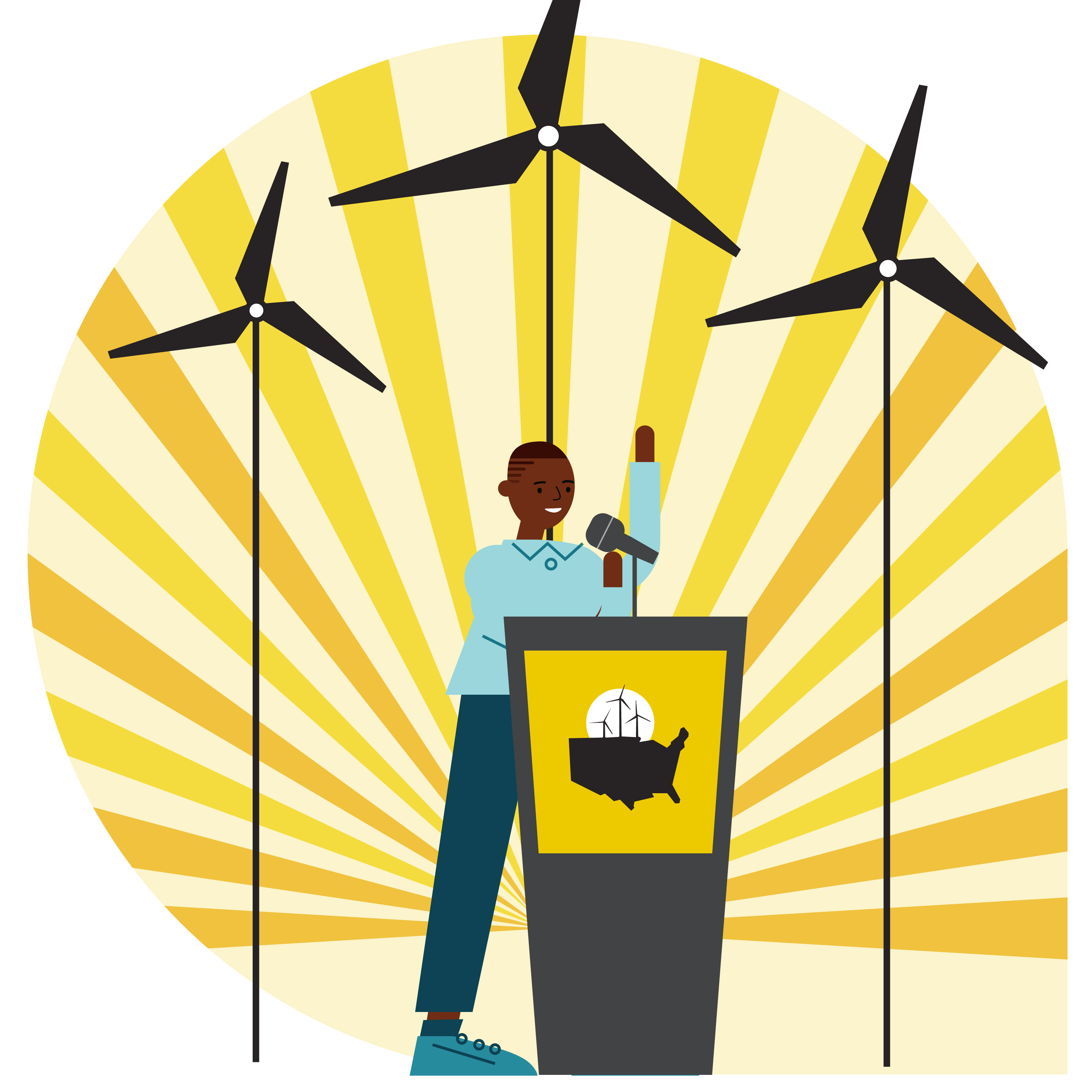 Illustrated figure standing at podium in front of wind turbines