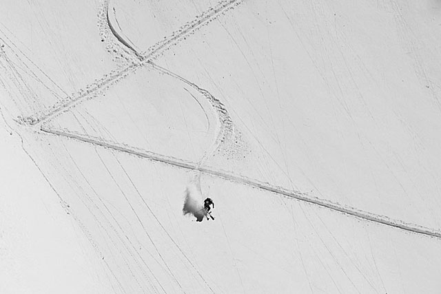 The author creates a smiling 'A' while skiing over the climbing track on the run-out of What's Up Doc. Photo by Ryan Krueger