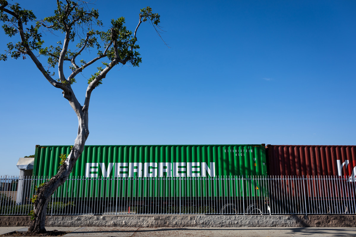 Shipping container on a rail flatbed.