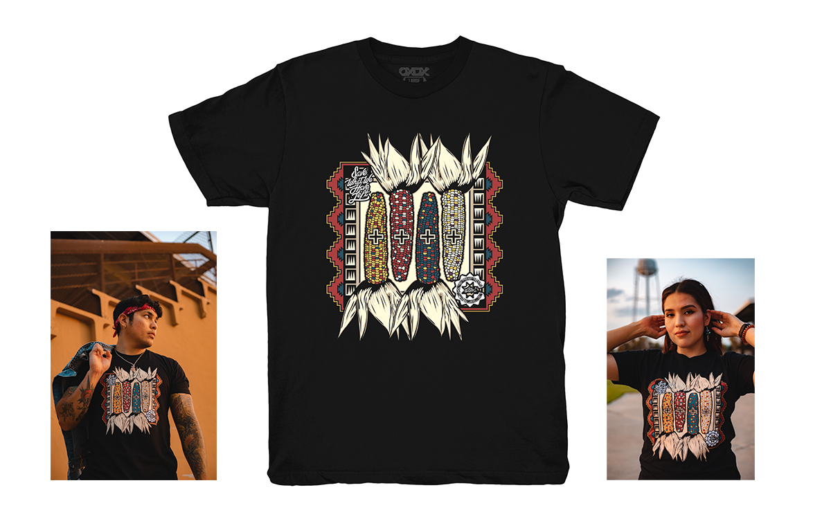 Two models wear t-shirts with images of cob corn