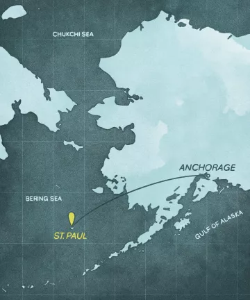Map illustration shows the Pribilof Islands and St. Paul in relation to Anchorage.