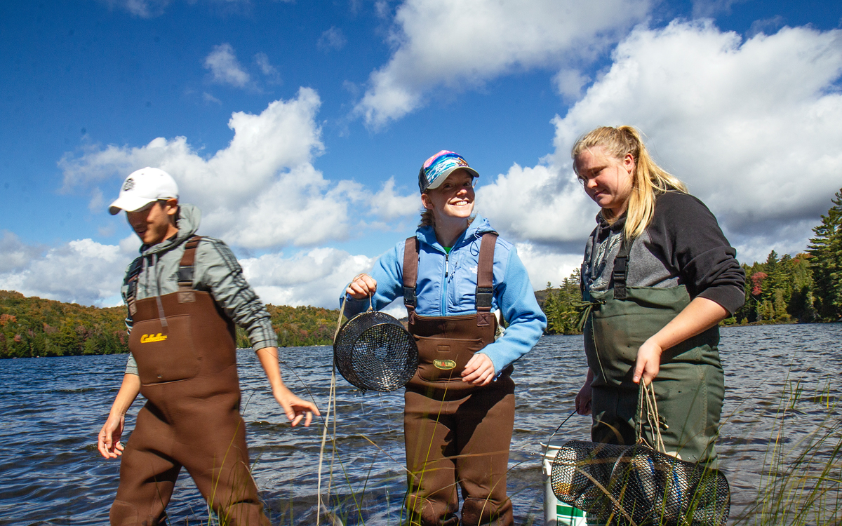 Three students wearing waders are knee high in a lake holding a bucket and other tools.