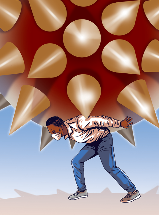 Illustration shows a black man with a mask carrying a large spiky coronavirus on his back.