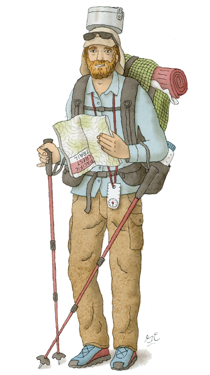 Illustration shows a man with hiking gear, including a cooking pot on his head, a backpack with a rolled-up mat, ski poles, and a paper map.