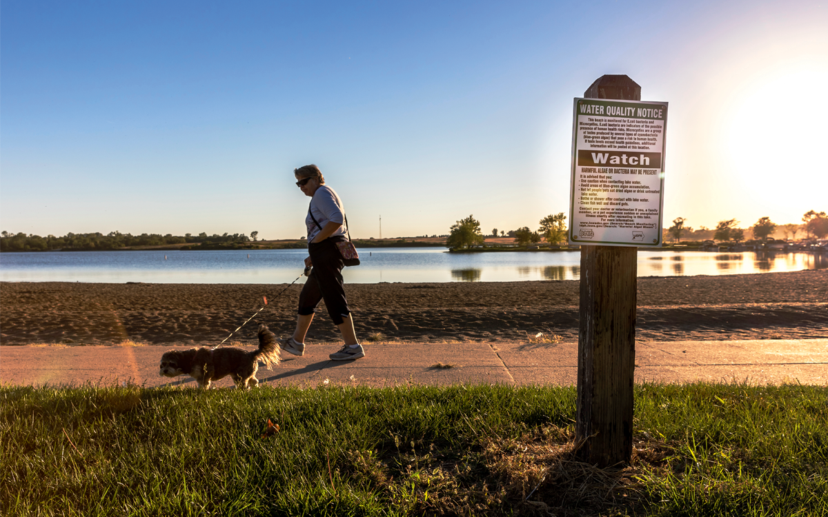 A woman walks her dog next to a lake. A sign says "Water Quality Notice" and "Watch" with fine print.