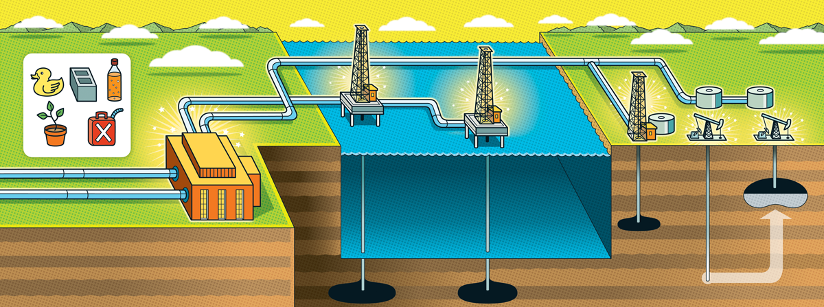 The illustration shows carbon capture technologies, pipelines, electricity pylons and crops being incorporated.