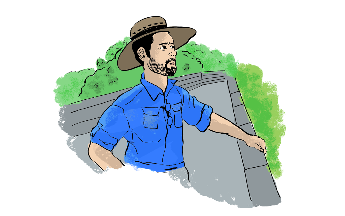 Illustration shows Chris Gabler with a blue button-up shirt and wide-brimmed hat