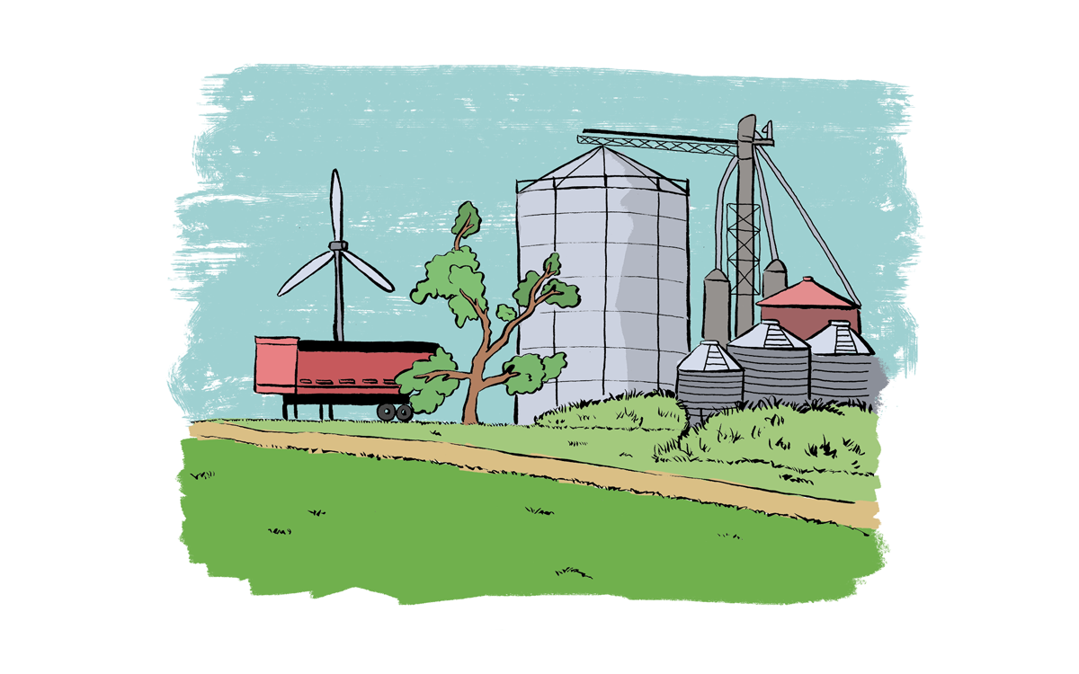 Illustration shows a farm with a grain elevator and a windmill.