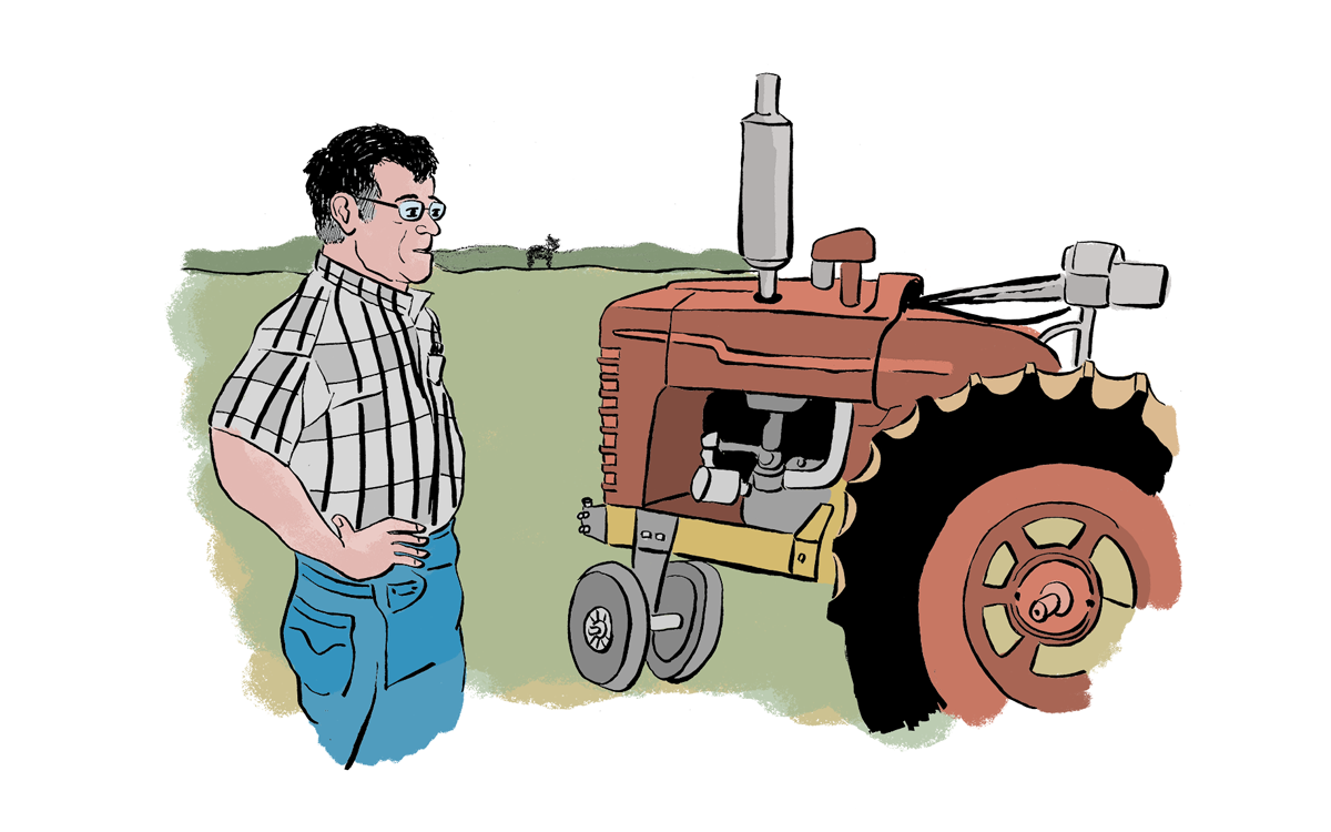Illustration shows Nick Memec with his hands on his hips looking at a tractor.