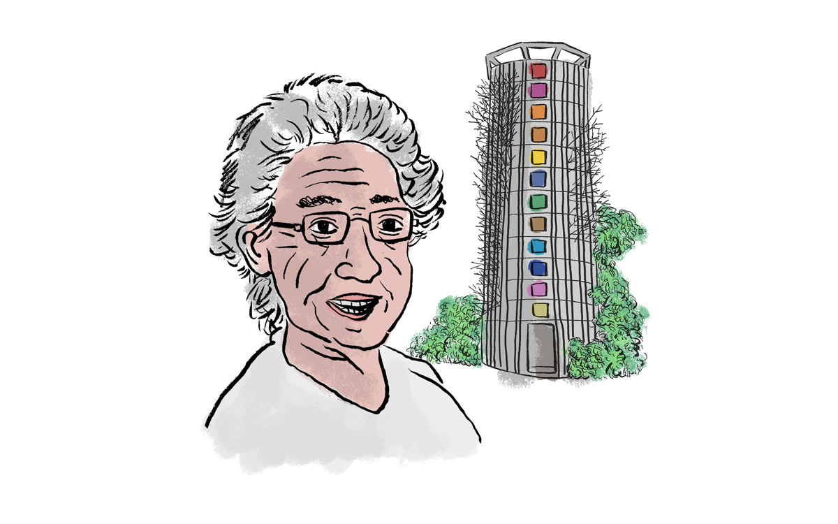 Illustration shows Sister Jane Bellanger wearing a white shirt in front of a tall grain silo with different-colored windows.